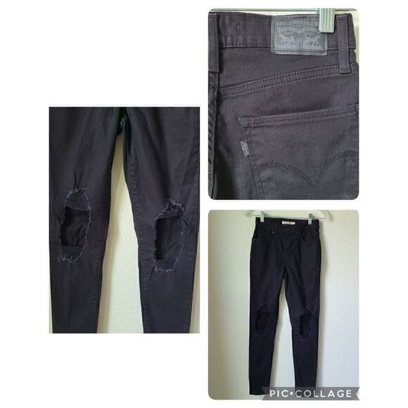 Levis 721 Skinny Jeans Sz 25 (24) High Rise‎ Black Ripped Knees Distressed - Picture 1 of 12